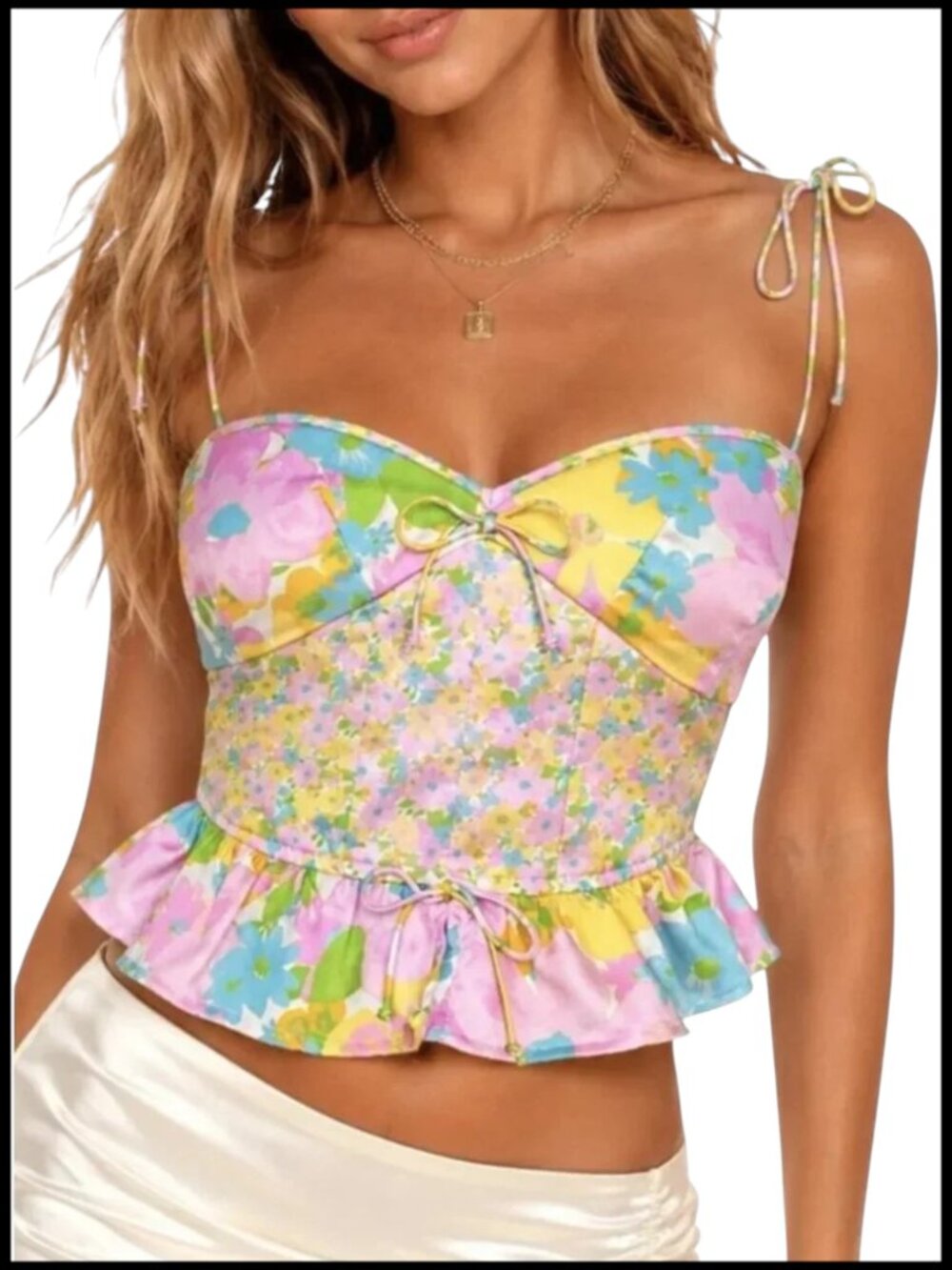For Love & Lemons Emily Crop Top Pink Blue Floral Smocked Peplum XS